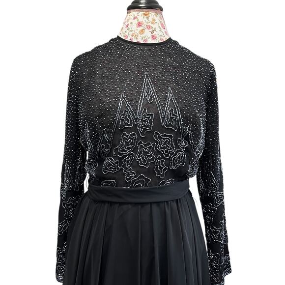 Vintage Beaded Evening Gown Jack Bryan Saks Fifth Ave Black Long Sleeve Dress 14 - Picture 3 of 15